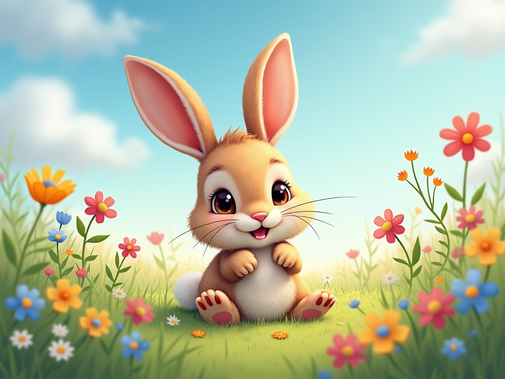 The image is a digital illustration of a cute bunny sitting in a field of colorful flowers. The bunny is light brown in color with big pink ears and is sitting on its hind legs with its front paws resting on the ground. It has a big smile on its face and is looking directly at the camera. The background is a bright blue sky with white fluffy clouds. The field is filled with various types of flowers in different colors, including pink, orange, yellow, blue, and purple. The overall mood of the image is cheerful and playful.