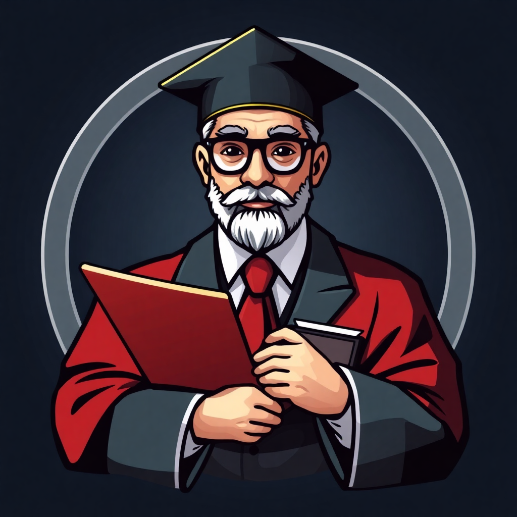 The image is a digital illustration of a man wearing a graduation cap and gown. He has a white beard and mustache and is wearing glasses. He is holding a red folder in his hands and appears to be reading it intently. The background is dark blue with a circular frame around the man's head. The overall style of the illustration is cartoon-like and the man has a serious expression on his face.