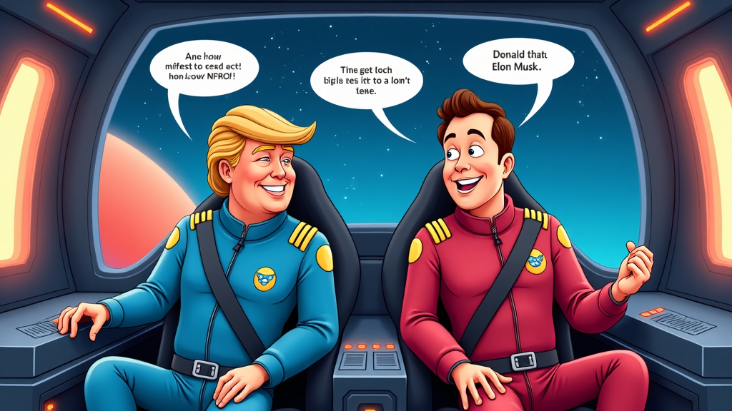 A futuristic cartoon showing Donald Trump and Elon Musk boarding a rocket as pilot and co-pilot, exchanging witty banter through speech bubbles.