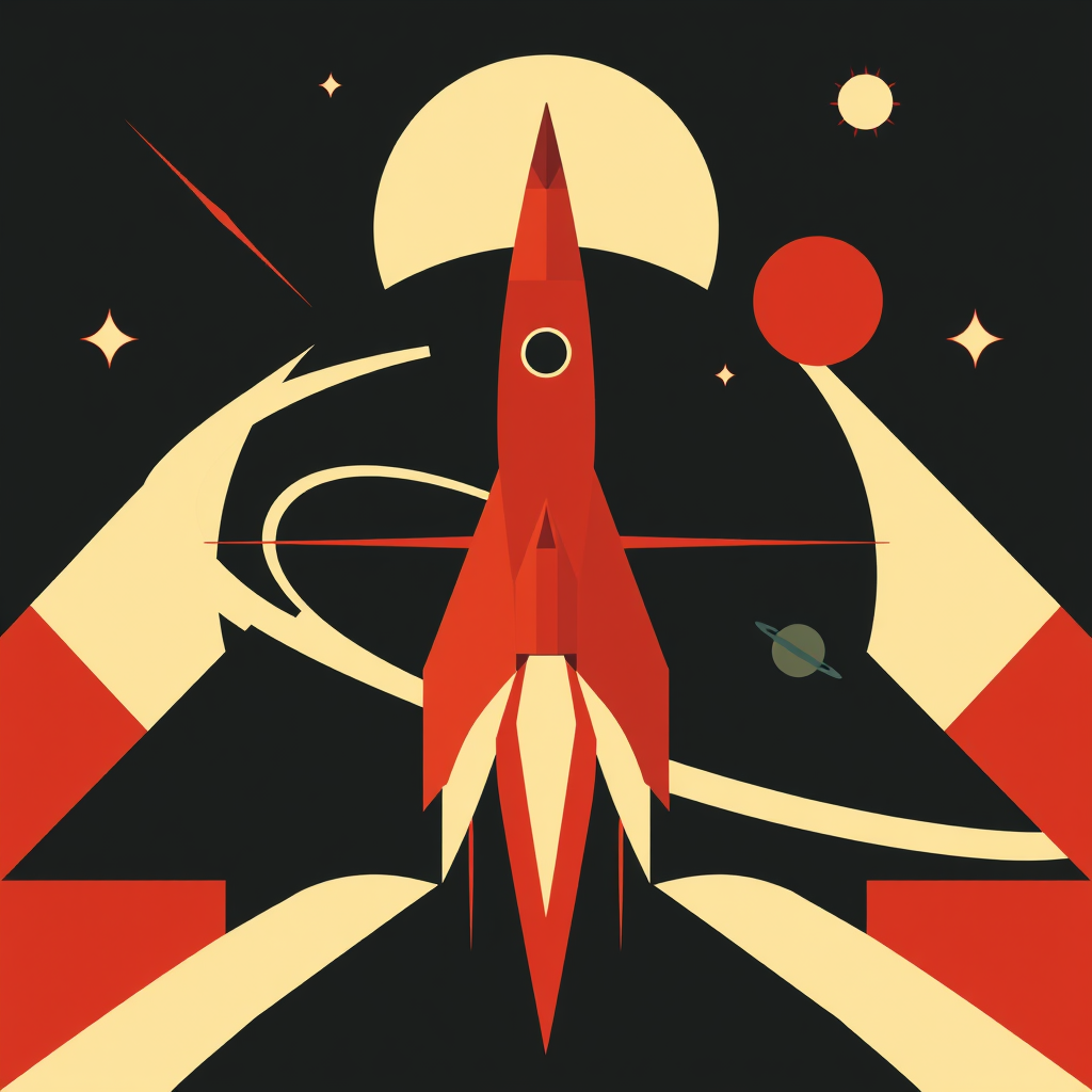 Cosmic Constructivism: Icons using bold geometric shapes and dynamic compositions from early 20th-century Constructivist art, fused with retro-futuristic space themes (stylized rockets, planets, orbital paths). A limited color palette (e.g., red, black, cream, metallic silver) would enhance the aesthetic.
