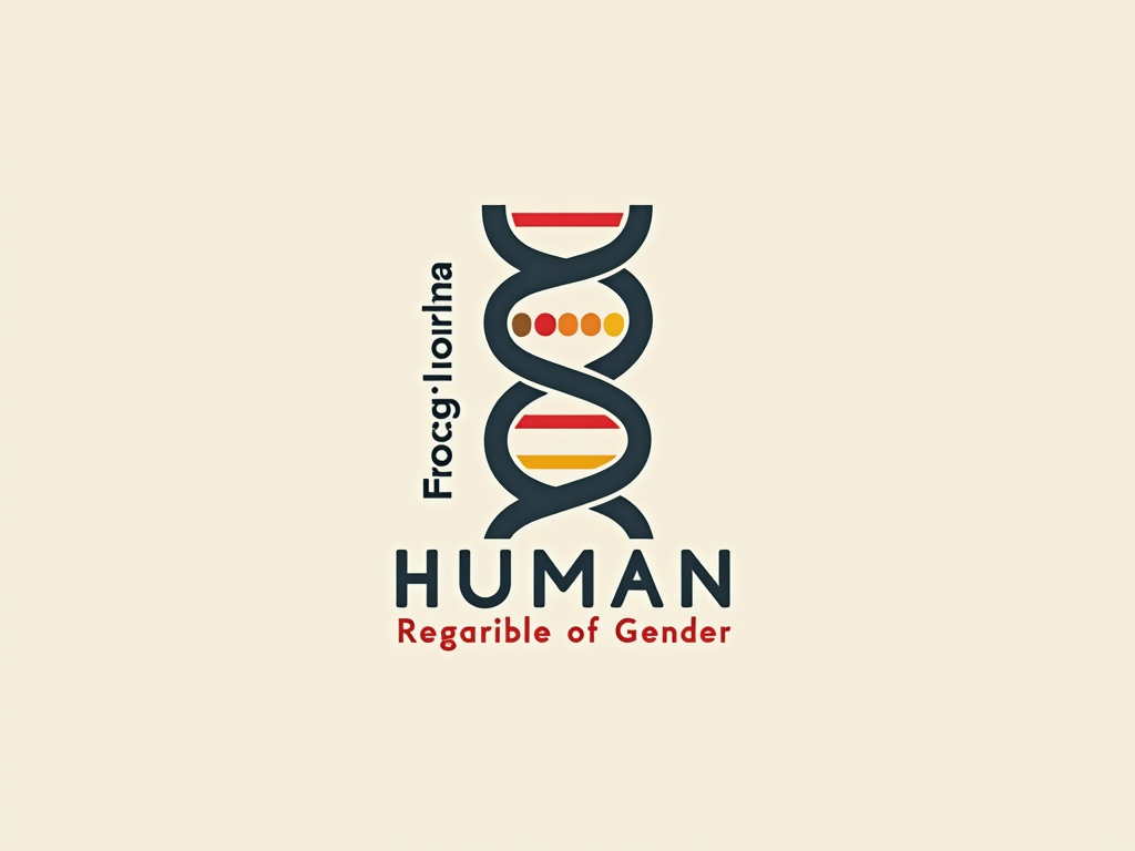 DNA Strand Integration Logo: A stylized DNA double helix subtly forming the shape of a universal human symbol or the letter 'H'. This visual acts as a simple logo mark. The text 'Human, Regardless of Gender' is placed alongside or below this element, implying that being human is fundamental, at our very core.