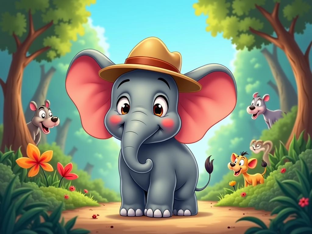 A cheerful cartoon elephant with large, expressive eyes and a playful trunk, wearing a small safari hat, ready for an adventure.