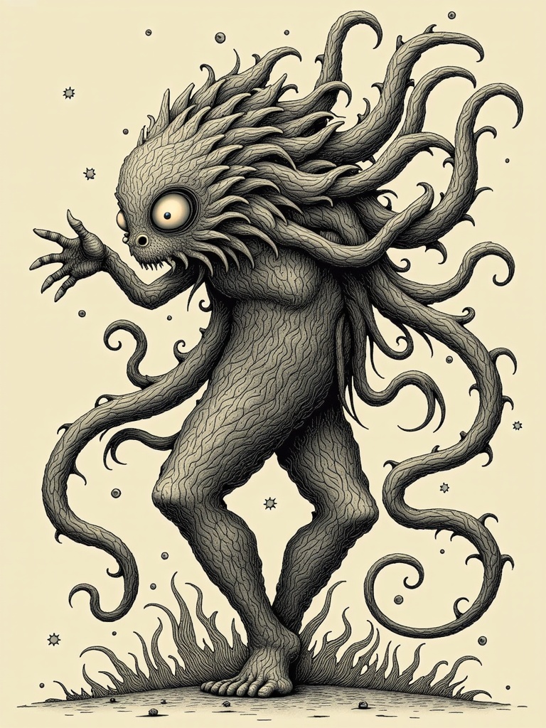 Symbiotic Menace: A poster depicting a creature intricately fused with its environment or a human character, emphasizing biomorphic merging and unsettling symbiosis, with AI generating complex organic textures and intertwined, flowing forms.