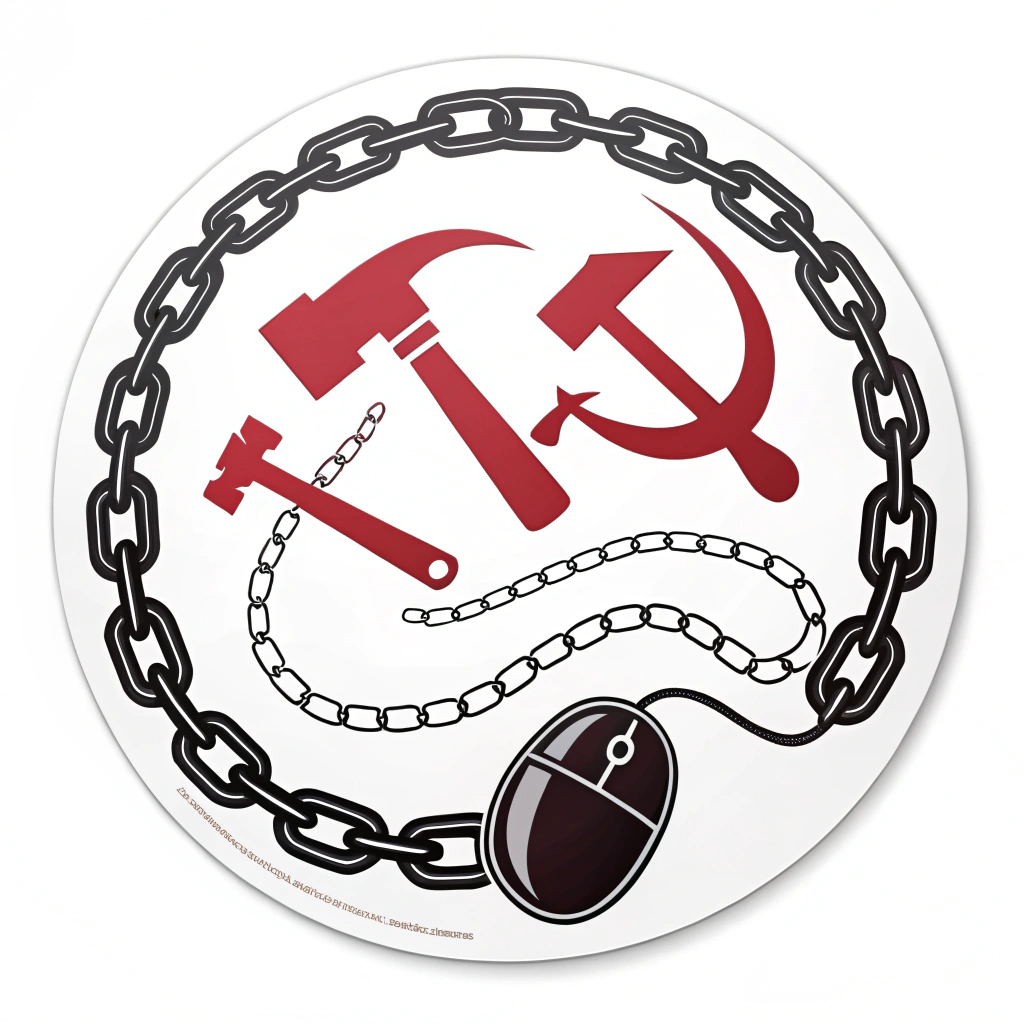 A circular design where iconic tools like a hammer, sickle, and a computer mouse are linked end-to-end, forming an unbroken chain. This symbolizes the continuous and interdependent nature of all work supporting the protest.