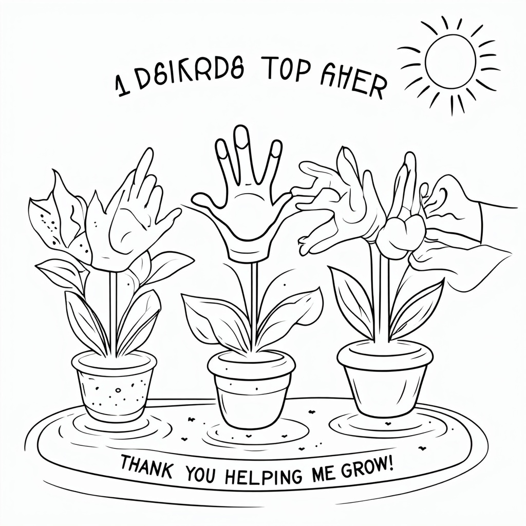 A 'garden' scene where each 'plant' is a handprint (outline for coloring) reaching upwards like leaves or flowers from a central stem. A teacher's hand could be shown gently tending to these 'hand-plants.' The text 'Thank You for Helping Me Grow' can be arranged around the base or arc over the top like sunshine.