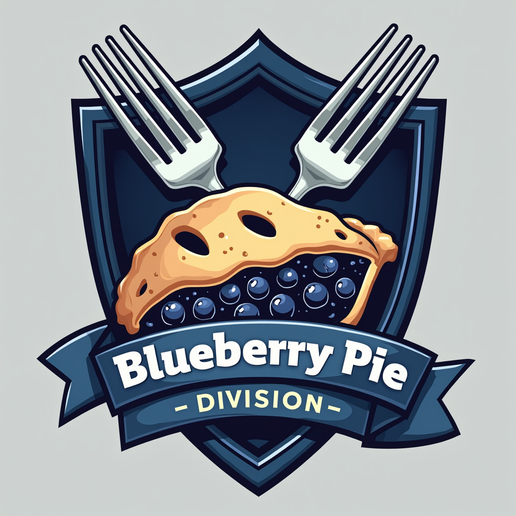 Design a shield-shaped emblem. Include crossed forks behind a stylized whole blueberry pie icon. Place a ribbon banner across the shield reading 'Official Taster', with 'Blueberry Pie Division' inscribed below the pie.