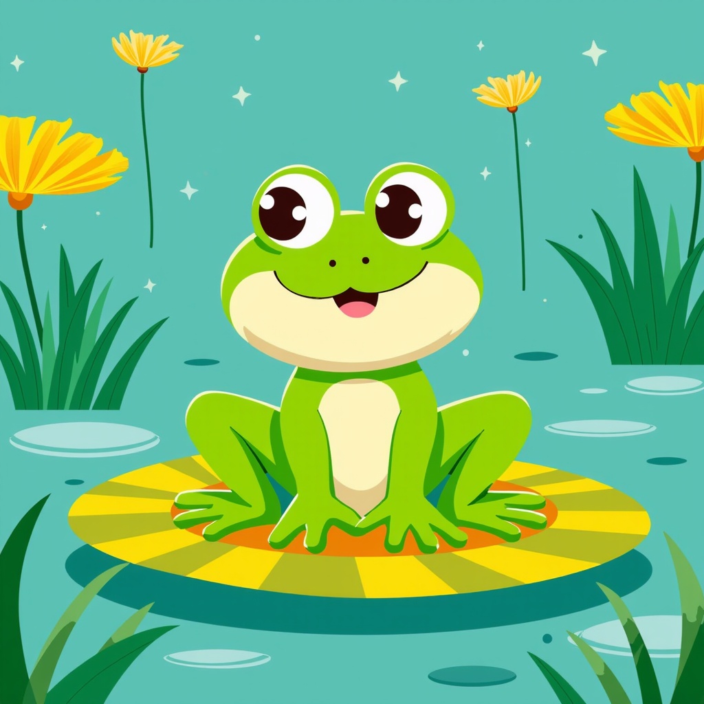 The image is a cartoon illustration of a green frog sitting on a yellow and orange striped lily pad in a pond. The frog has big, round eyes and a big smile on its face. It is sitting on its hind legs with its front paws resting on the pad. The background is a light blue color with small white stars scattered throughout. There are also yellow dandelions and green grasses surrounding the frog. The overall theme of the image is happy and playful.