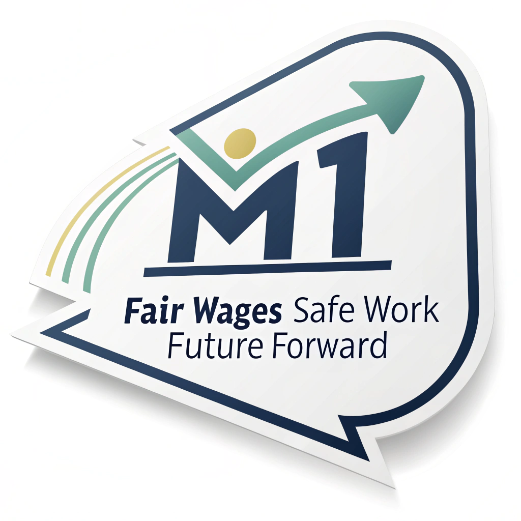 Simple Logo Idea: The letters 'M1' (for May 1st) stylized so the '1' forms an upward arrow. Accompanying text: 'Fair Wages | Safe Work | Future Forward' in a clean, secondary font.