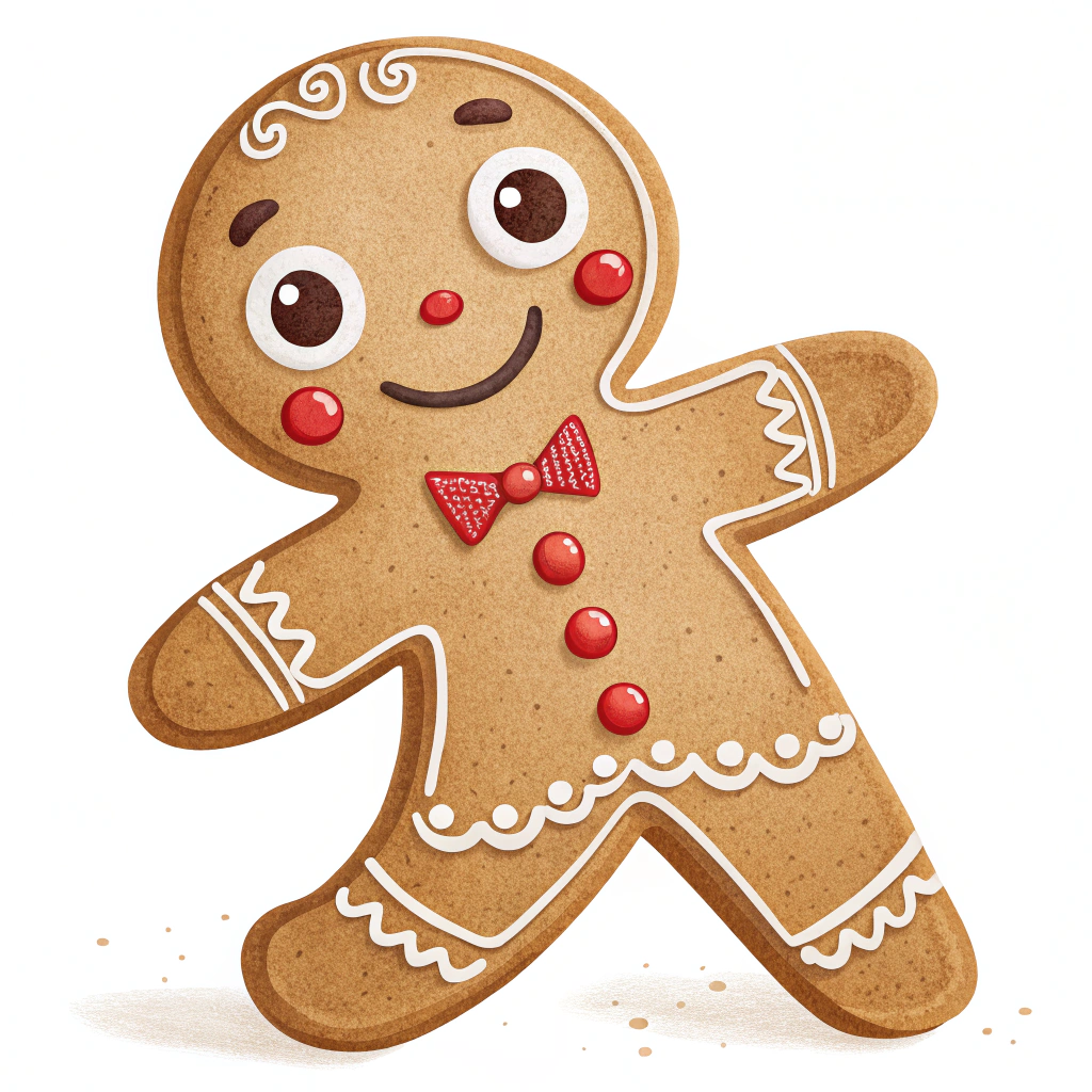 The image shows a gingerbread man with a red bow tie on a white background. He is wearing a traditional gingerbread outfit, complete with a white shirt, brown pants, and a red and white striped scarf. His eyes are black and his mouth is slightly open, giving him a friendly and inviting expression. He has a round face with two small eyes, a small nose, and two small ears. His hands are clasped together in front of him, and he has a small smile on his face.