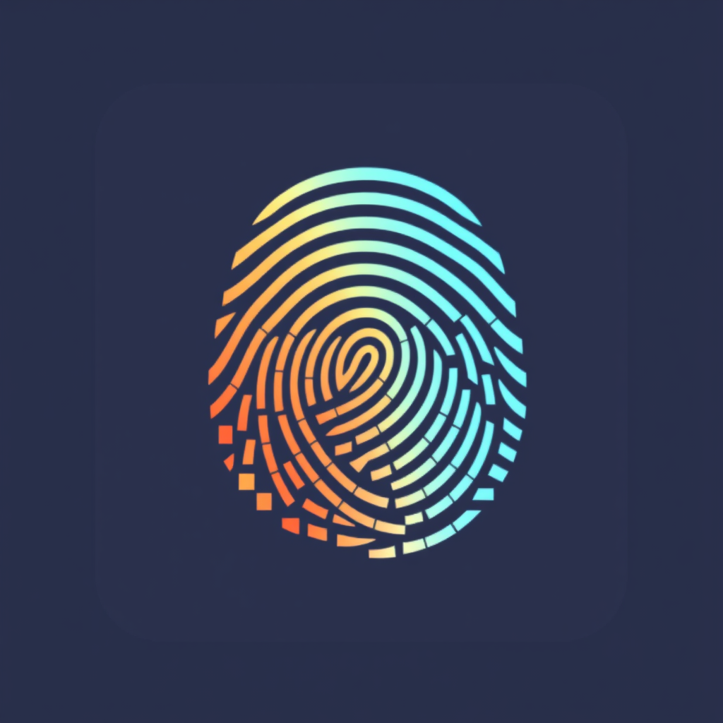 A fingerprint represented by pixelated squares or patterns of binary code (0s and 1s) instead of continuous lines, emphasizing its digital nature and data security.