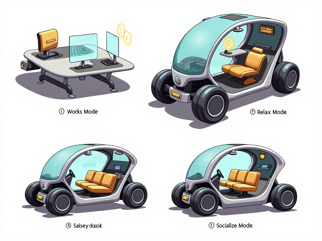 Illustration Concept 1: Modular Interior Cutaway. A dynamic cutaway illustration of a robotaxi. Inside, sections showcase the interior seamlessly transitioning or configured for different modes: (a) Work Mode: with a compact, integrated desk and holographic displays; (b) Relax Mode: featuring reclined plush seating, personalized ambient lighting, and immersive entertainment; (c) Socialize Mode: showing configurable seats facing each other around a small, deployable table for interaction.