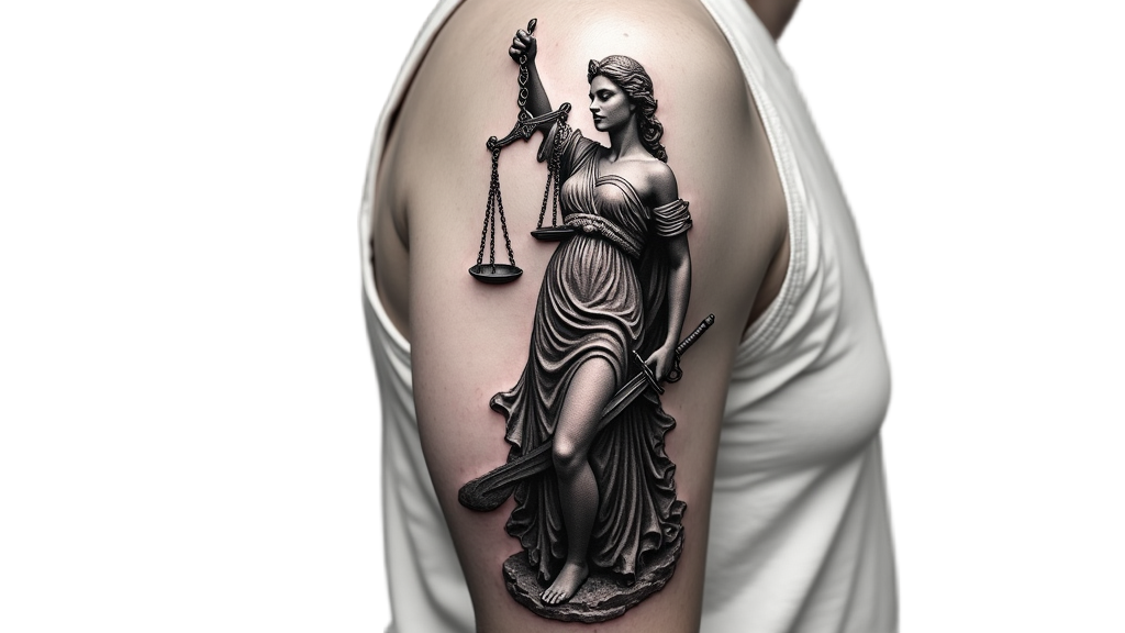 A black and grey tattoo of Lady Justice, her flowing robes captured beautifully, fills the upper arm of the person.