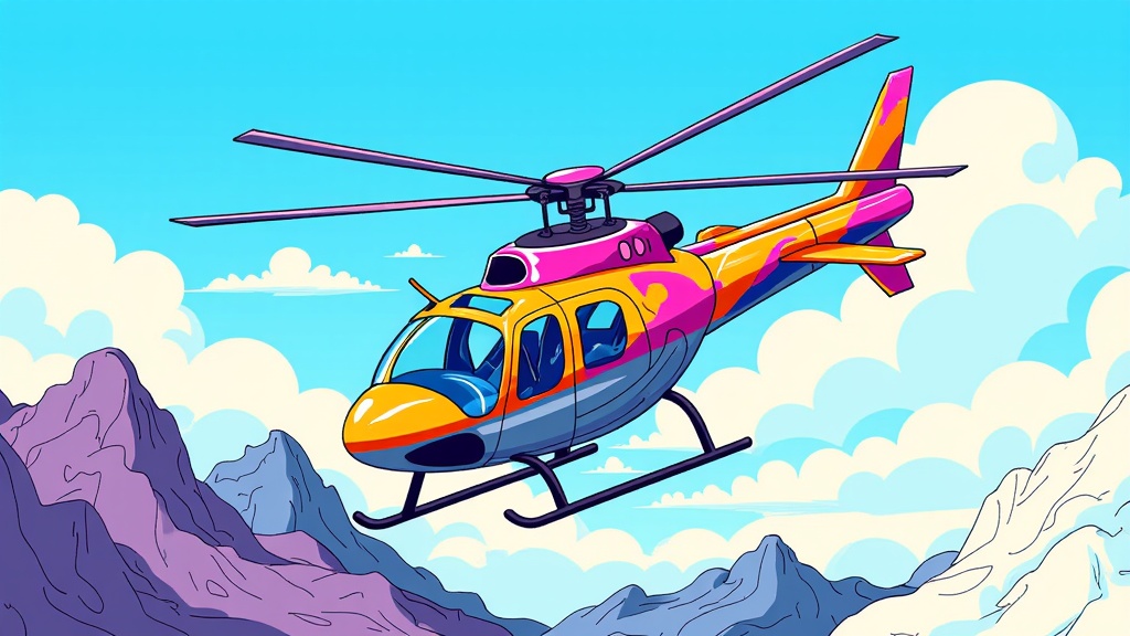 The image is an illustration of a helicopter flying over a mountainous landscape. The helicopter is in the center of the image, with its body facing towards the left side of the frame. It has a bright orange and yellow color scheme with a pink and purple stripe running along the side. The body of the helicopter has a large propeller at the front and two smaller propellers at the back. The sky is blue with white clouds scattered across it. The mountains in the background are covered in snow and have a rocky texture. The overall color scheme of the illustration is vibrant and colorful.