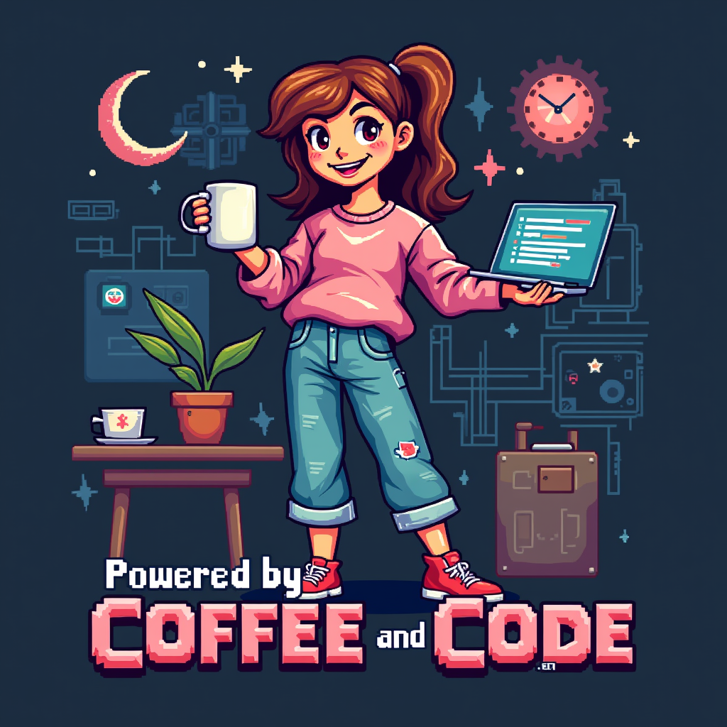 Retro Pixel Art: Create a playful, pixel art design featuring a female character holding a coffee mug in one hand and a laptop displaying simple code in the other. 'Powered by Coffee and Code' could be in a classic 8-bit or retro gaming font.