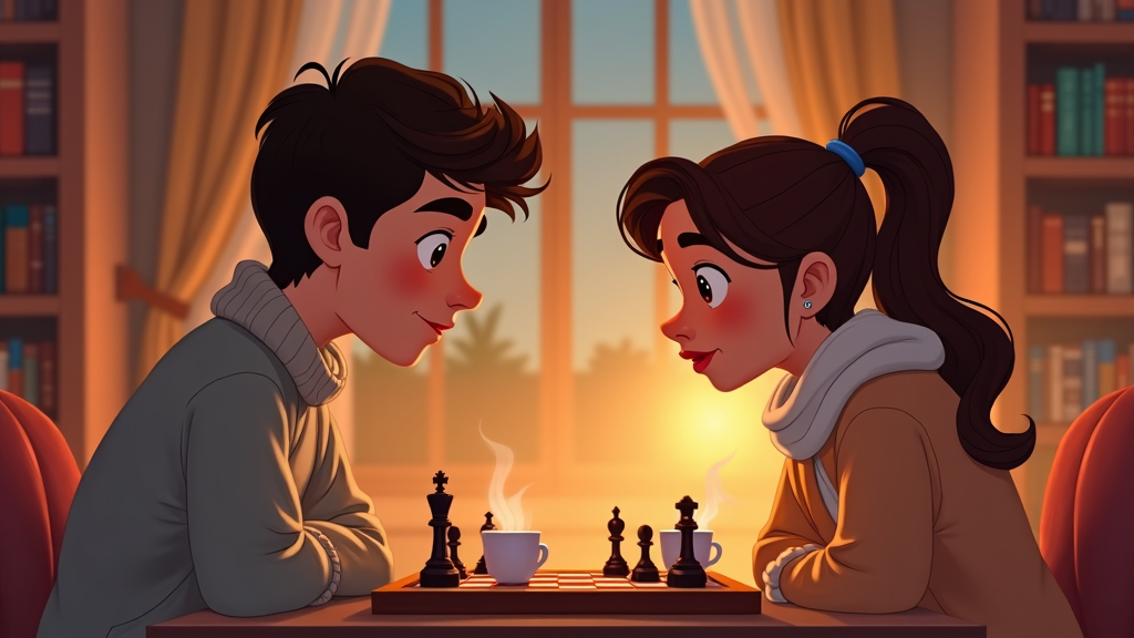 A cartoon couple playing chess in a cozy room, the board between them displaying an intense match, with mugs of tea steaming nearby.