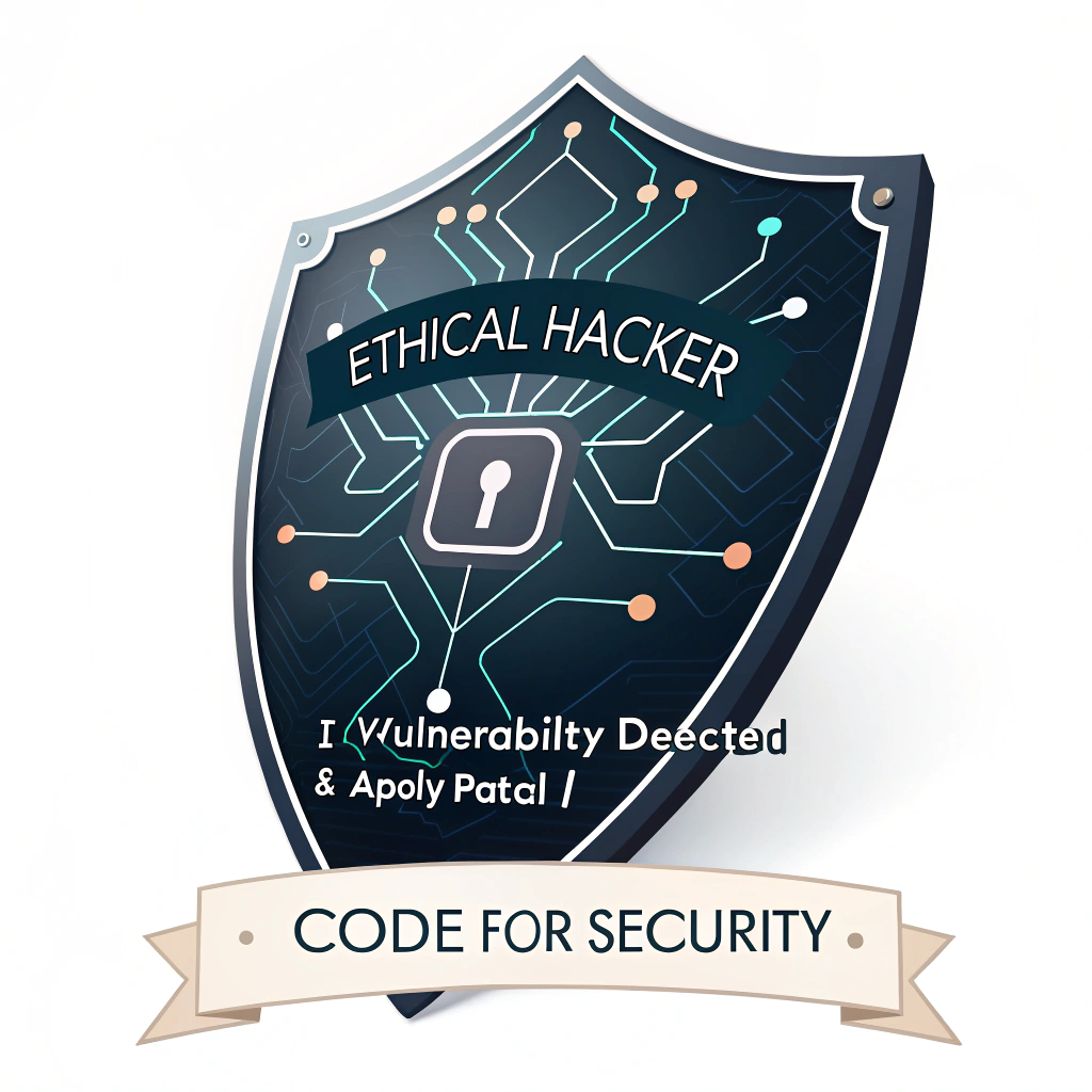 The Guardian Code Shield: A sleek shield emblem with its surface intricately patterned with glowing, abstract lines of code (e.g., binary strings, pseudo-code snippets like `if (vulnerability_detected) { apply_patch(); }`). The text 'Ethical Hacker' could be arched above the shield, with 'Code for Security' positioned in a banner below or subtly integrated into the shield's border.