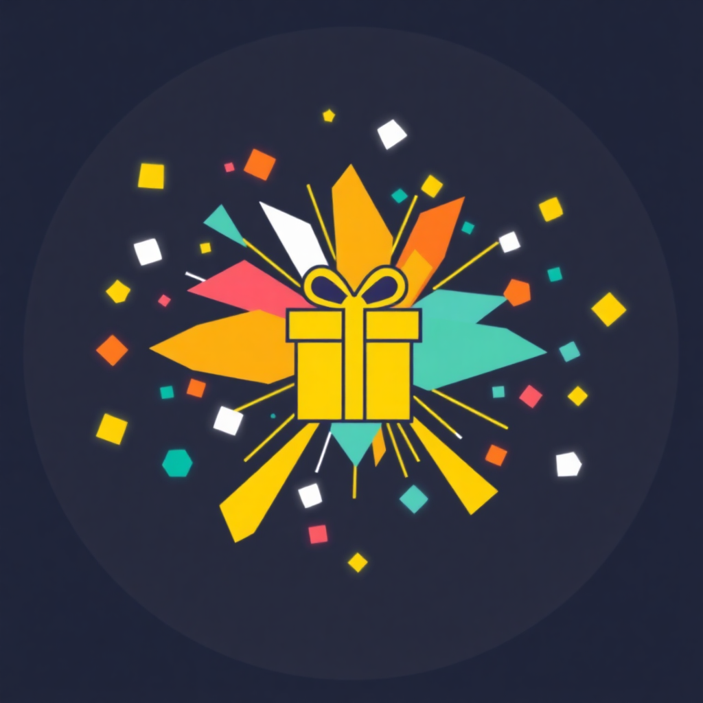 An abstract representation of a confetti burst using geometric shapes, with a simplified gift icon embedded in the design for a modern look.