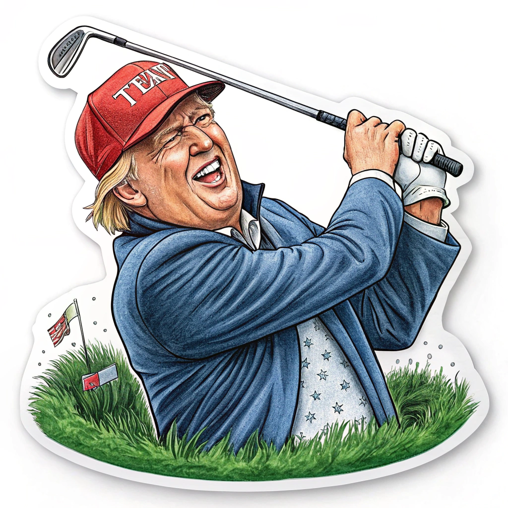 A sticker portraying Donald Trump playing golf, with a funny expression and a golf club in hand.