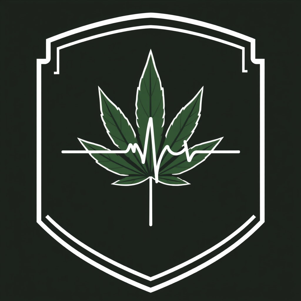 Modern Shield & Health Wave: A sleek, contemporary shield outline. The marijuana leaf is rendered in a more abstract or geometric style. A flowing line suggestive of an EKG pulse or a gentle wave (symbolizing vitality/health) is woven through or around the leaf, replacing a traditional health symbol.