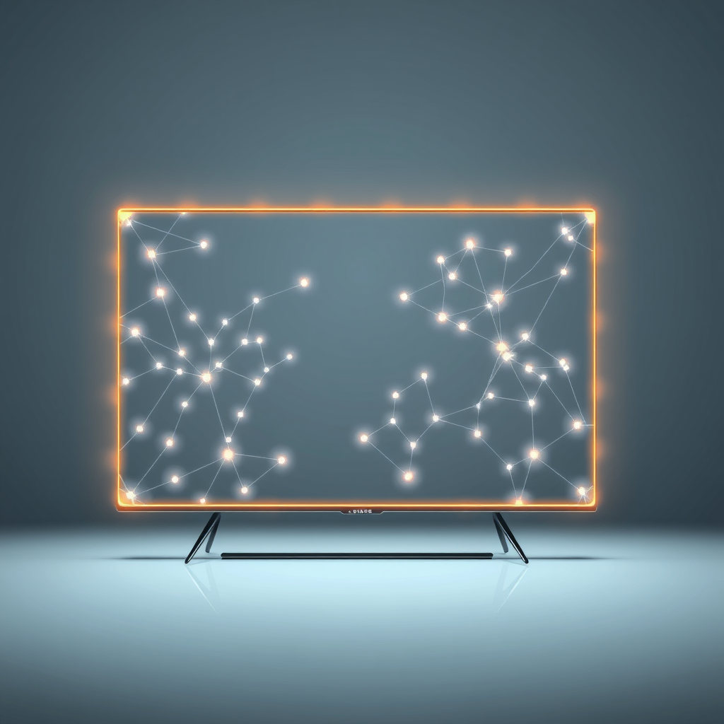 Sub-design Idea 2: 'Neural Silhouette TV' - A minimalist TV outline formed by interconnected glowing nodes and lines, resembling a neural network. The density and activity of the network within the TV shape subtly change, reflecting the AI's processing or learning state for the user.
