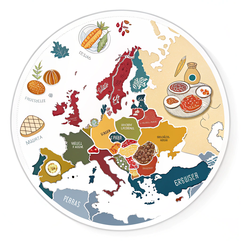 A circular sticker featuring a map of Europe filled with small food icons representing different countries.