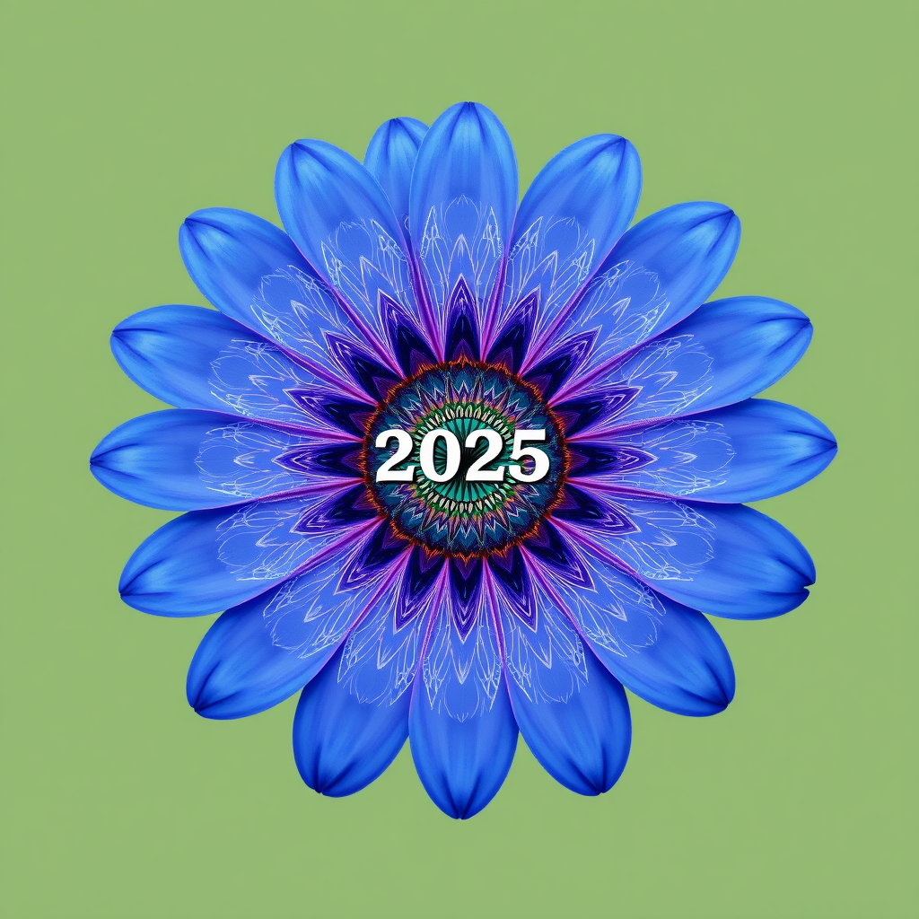 Cymatic Petal Mandala: The daisy is designed as a mandala, with its petals showcasing intricate cymatic patterns (visual representations of sound frequencies). '2025' appears as part of these sacred geometry-inspired sound patterns, blending the daisy with acoustic visuals.