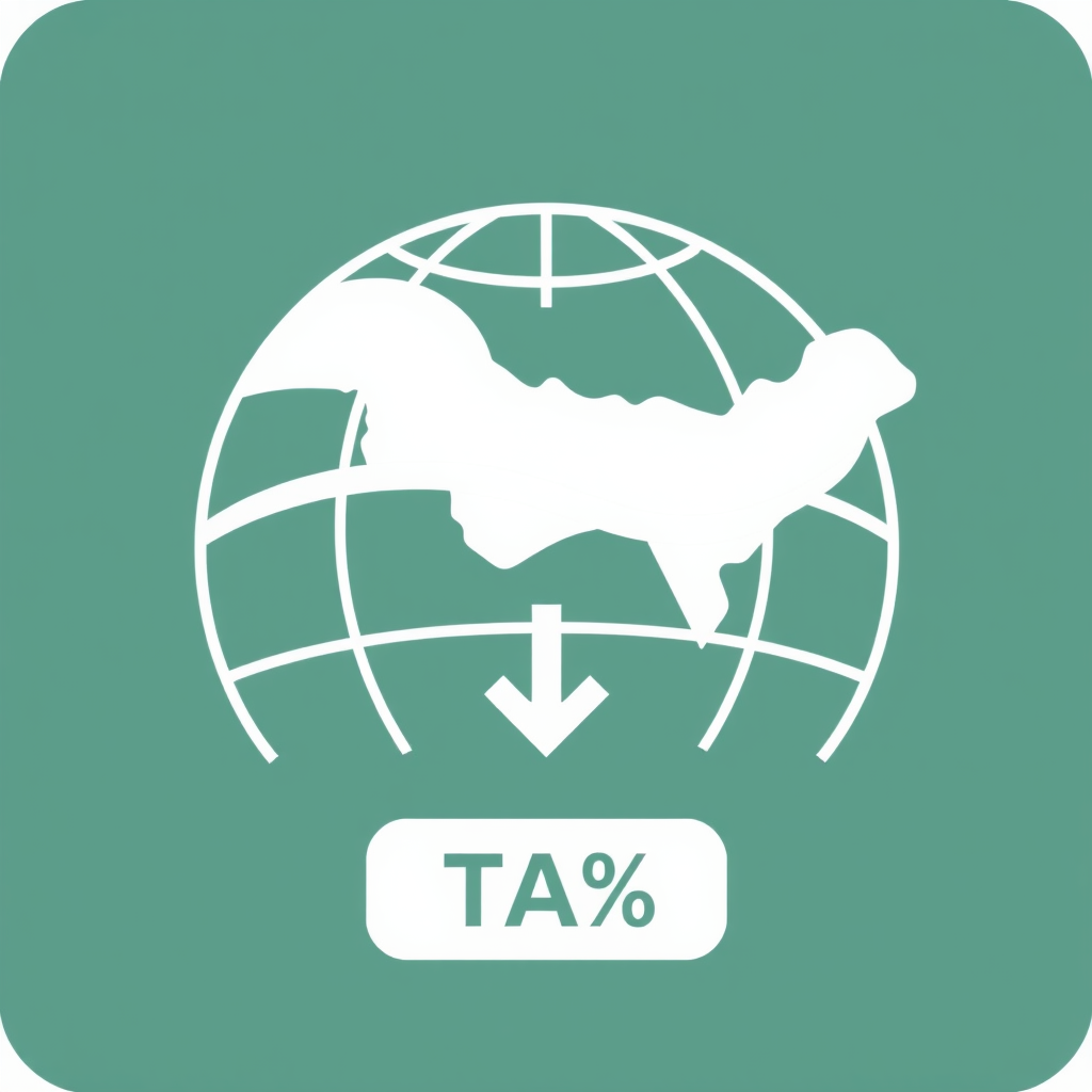 An abstract representation of a national border (e.g., a curved line from a globe) with an arrow crossing it downwards, and a clear 'TAX' label or simplified 'T%' symbol at the point of entry.