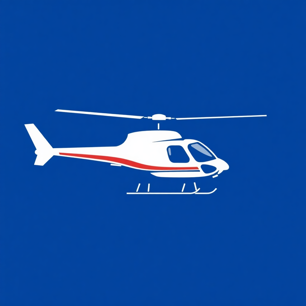 The image is a simple illustration of a helicopter on a blue background. The helicopter is white with a red stripe running along the side and a pointed nose. It has two propellers on either side of the body and a tail fin at the front. The body of the helicopter is slightly curved and appears to be in mid-flight. The background is a solid solid blue color. The image is simple and minimalistic, with no other elements or design elements.