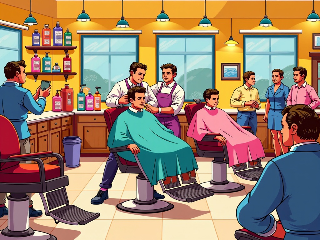 The image is an illustration of a barber shop. There are six people in the image, all dressed in barber attire. The barber is sitting in a chair with a green cape draped over his shoulders. He is getting his hair cut by a hairdresser who is standing behind him.  On the left side of the barber, there is a man holding a mirror and taking a picture of the client. On the right side, there are two men sitting in chairs, one with a pink cape and the other with a blue cape. They are both looking at the client and appear to be engaged in a conversation. In the background, we can see shelves with hair products and a window with a view of trees outside. The overall color scheme of the image is bright and cheerful.