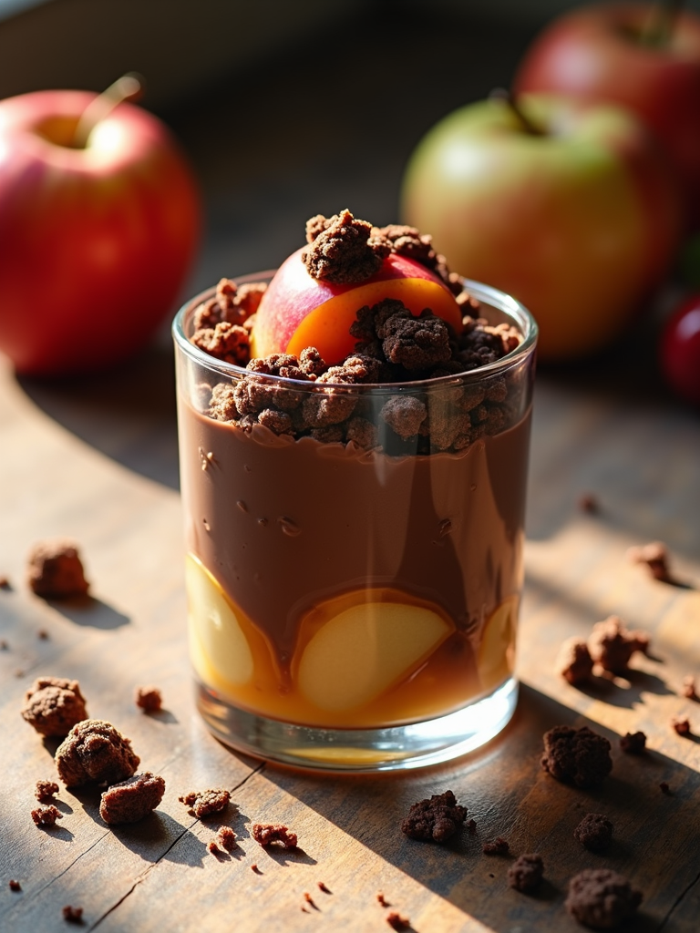 Deconstructed apple and chocolate parfait, layering apple compote, chocolate mousse, and crumbled cookies.