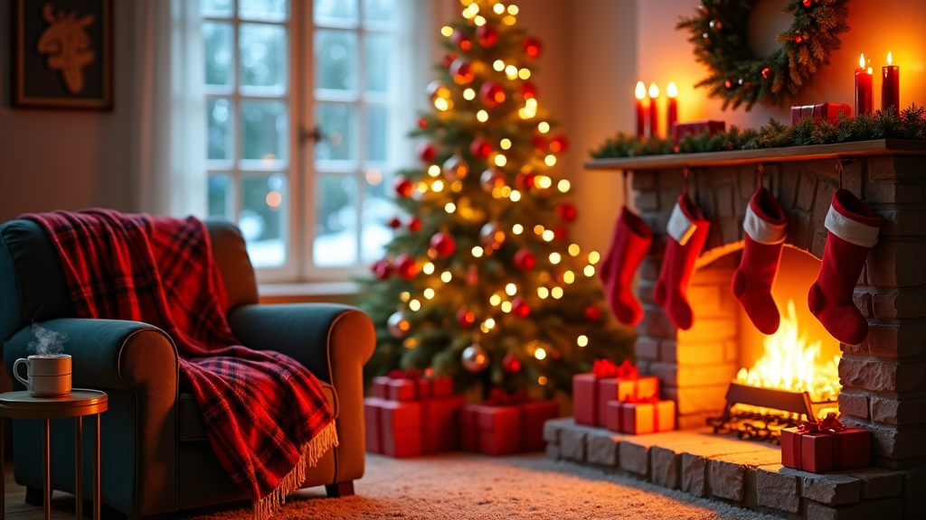 A cozy Christmas living room setting adorned with red and gold decorations, a beautifully lit Christmas tree, and a crackling fireplace wrapped with garlands and stockings. The warm glow illuminates a comfy armchair with a plaid throw blanket, a small table with a steaming mug of hot cocoa, and a windowpane showcasing gentle snowflakes falling outside.