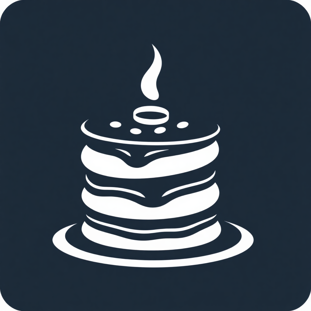 The image is a square icon with a dark blue background. In the center of the icon, there is a white line drawing of a stack of pancakes. The pancakes are arranged in a pyramid-like shape, with the topmost stack being the smallest and the bottommost being the largest. On top of the stack, there are two small white circles, one on each side, which appear to be a candle or a candle holder. The candle is lit, with a wisp of smoke rising from the top. The overall design is simple and minimalistic.