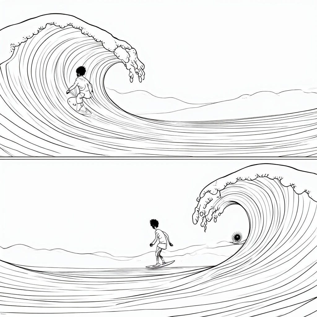 Wave Function Collapse Visualization: A page divided into two panels. Panel 1: The surfer rides a wide, spread-out 'wave of possibility' towards an 'observer' element (e.g., a stylized eye or a scientific instrument). Panel 2: After passing the 'observer,' the wave has 'collapsed' into a definite path, and the surfer is clearly localized as a particle. This shows the concept of measurement affecting quantum states. Coloring can emphasize the change in the wave.