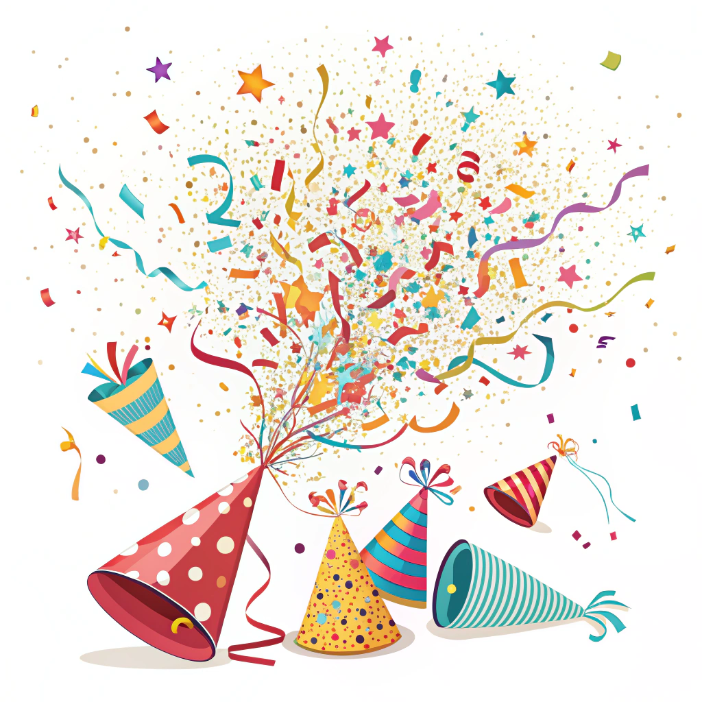 A sticker of a confetti explosion with small party hats scattered throughout.