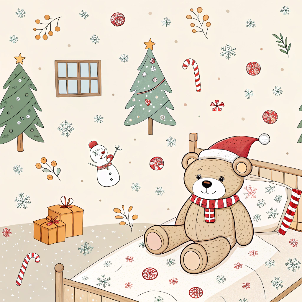 Children's room decorated with Christmas-themed bedspread covered in snowmen and candy canes. A plush teddy bear wearing a tiny Santa hat rests on the pillow.