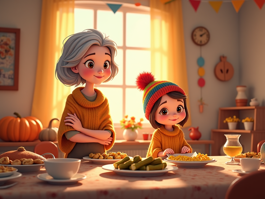 An animated Thanksgiving dinner setting with a pastel color palette. The room is draped in festive banners, with a table bursting with harvest-themed dishes like roasted zucchini and corn chowder. Characters, including a grandmother in a knitted shawl and a college student in a beanie, reflect the harmony of family traditions across ages.