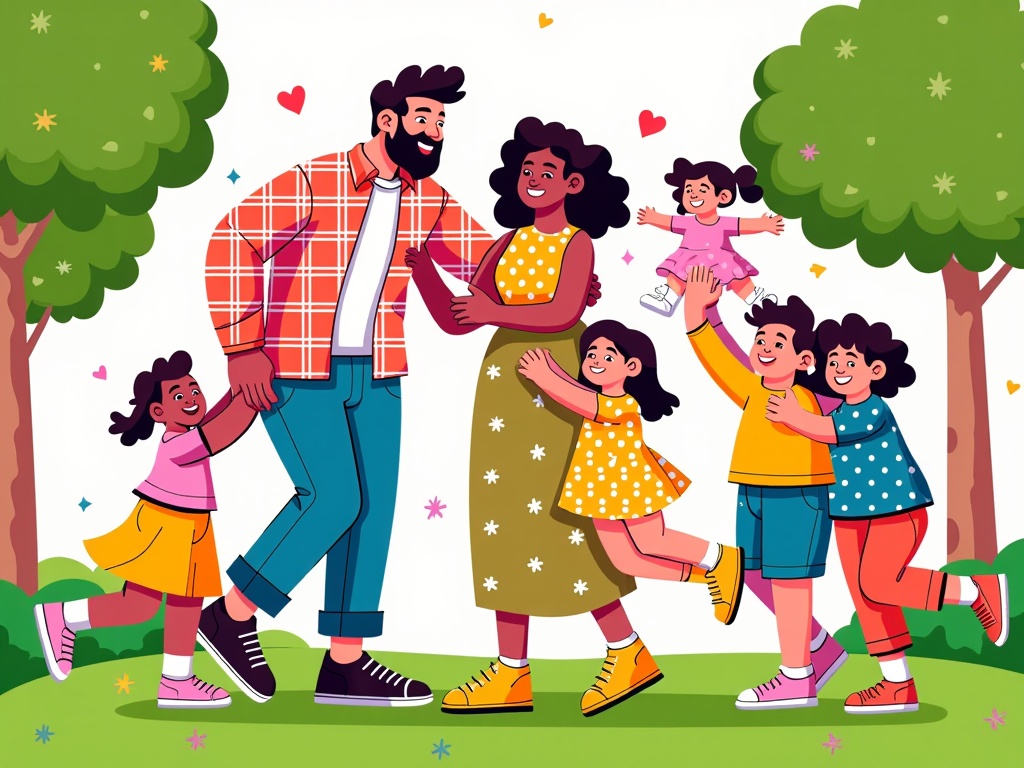  a family of six walking in a park. The family consists of a man, a woman, and six children. The man is wearing a red plaid shirt, blue jeans, and black sneakers. He has a beard and is smiling at the camera. The woman is holding a small child in her arms. The children are of different ages and ethnicities. They are all smiling and appear to be enjoying their time together.  The park is filled with trees and there are colorful flowers and hearts scattered throughout. The sky is blue and the weather appears to be sunny and pleasant. The overall mood of the image is happy and carefree.