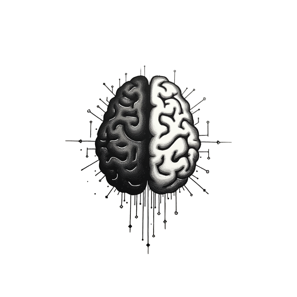 Simple icon: A stylized brain silhouette where one half features subtle, clean lines representing circuits, and the other half has traditional brain texture.