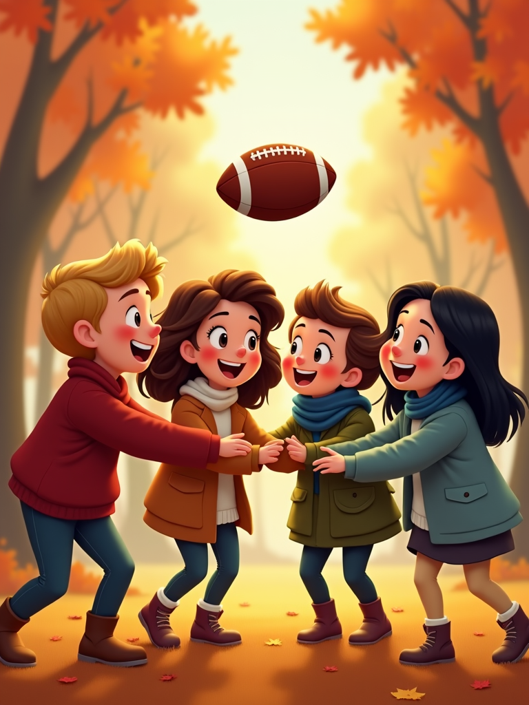 A circle of friends tossing around a football, their breath visible in the crisp air, sharing gratitude during a Thanksgiving outing.