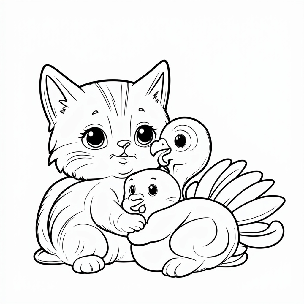 Whimsical design of a turkey clutched by a kitten, highlighting a cute and unexpected friendship.