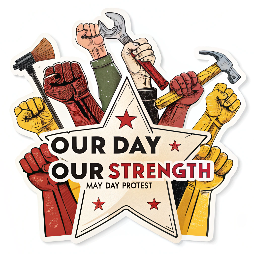 A sticker design featuring a collection of diverse raised fists, some holding traditional labor tools (e.g., wrench, hammer, pen), coalescing to form a unified, strong shape like a star or circle. The text 'Our Day, Our Strength' is prominently displayed, with 'May Day Protest' as a supporting element. Utilize bold, high-contrast colors such as red, black, and yellow.