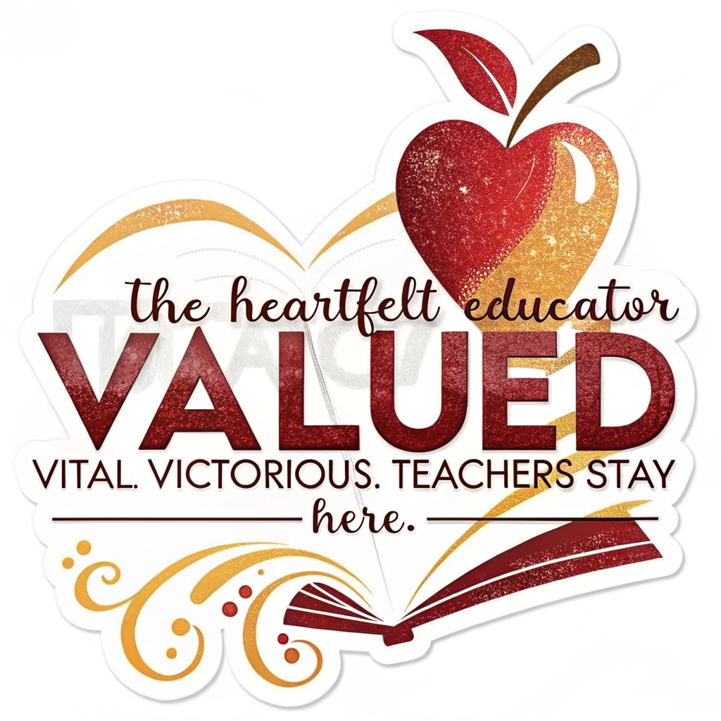Sticker Design 1: 'The Heartfelt Educator.' Features a prominent, stylized heart (for 'Valued') perhaps containing an open book or apple. 'Valued' is emphasized, with 'Vital. Victorious. Teachers Stay Here.' integrated. Palette: warm reds, golds.
