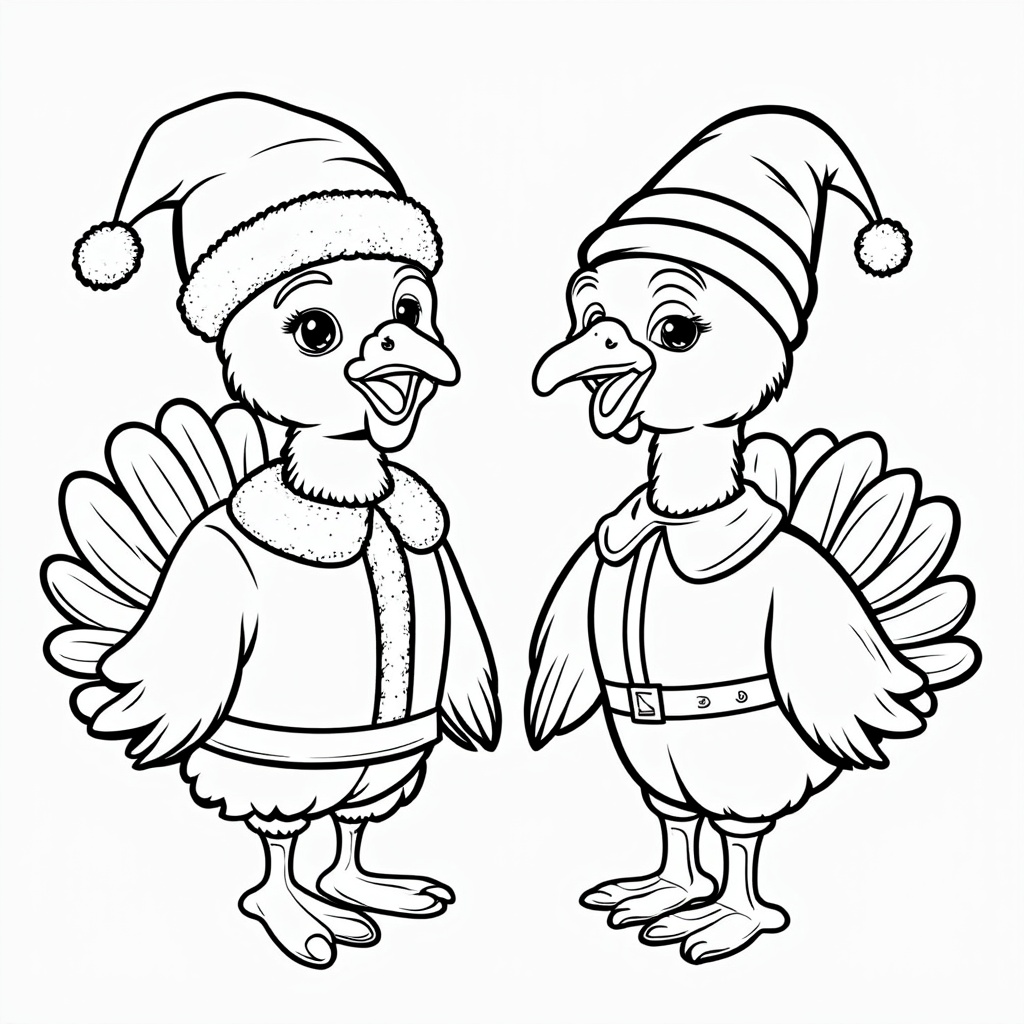 Turkeys in different holiday costumes, one dressed as Santa, another in an elf costume.