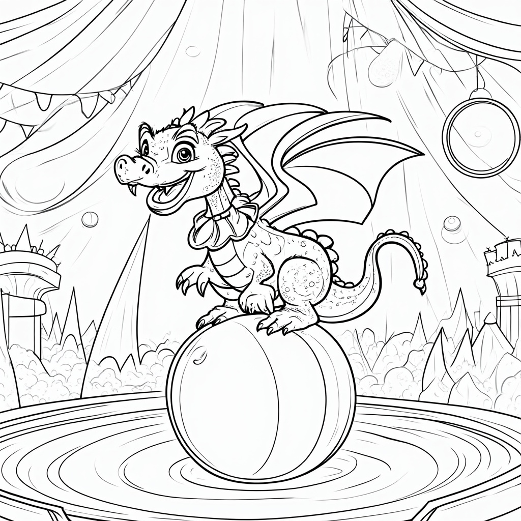 A jovial dragon participating in a circus act, balancing on a giant ball. The dragon wears a colorful circus collar and has a playful demeanor, amusing the audience. Other circus props like hoops and juggling balls add to the lively atmosphere.