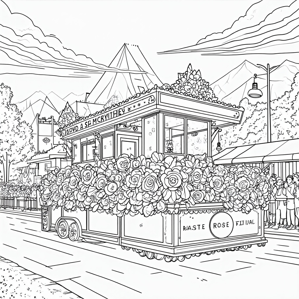 A detailed illustration of a signature Rose Festival float, showcasing intricate floral arrangements, with spectators lining the parade route and iconic Portland landmarks like the Steel Bridge or Mount Hood in the distant background.