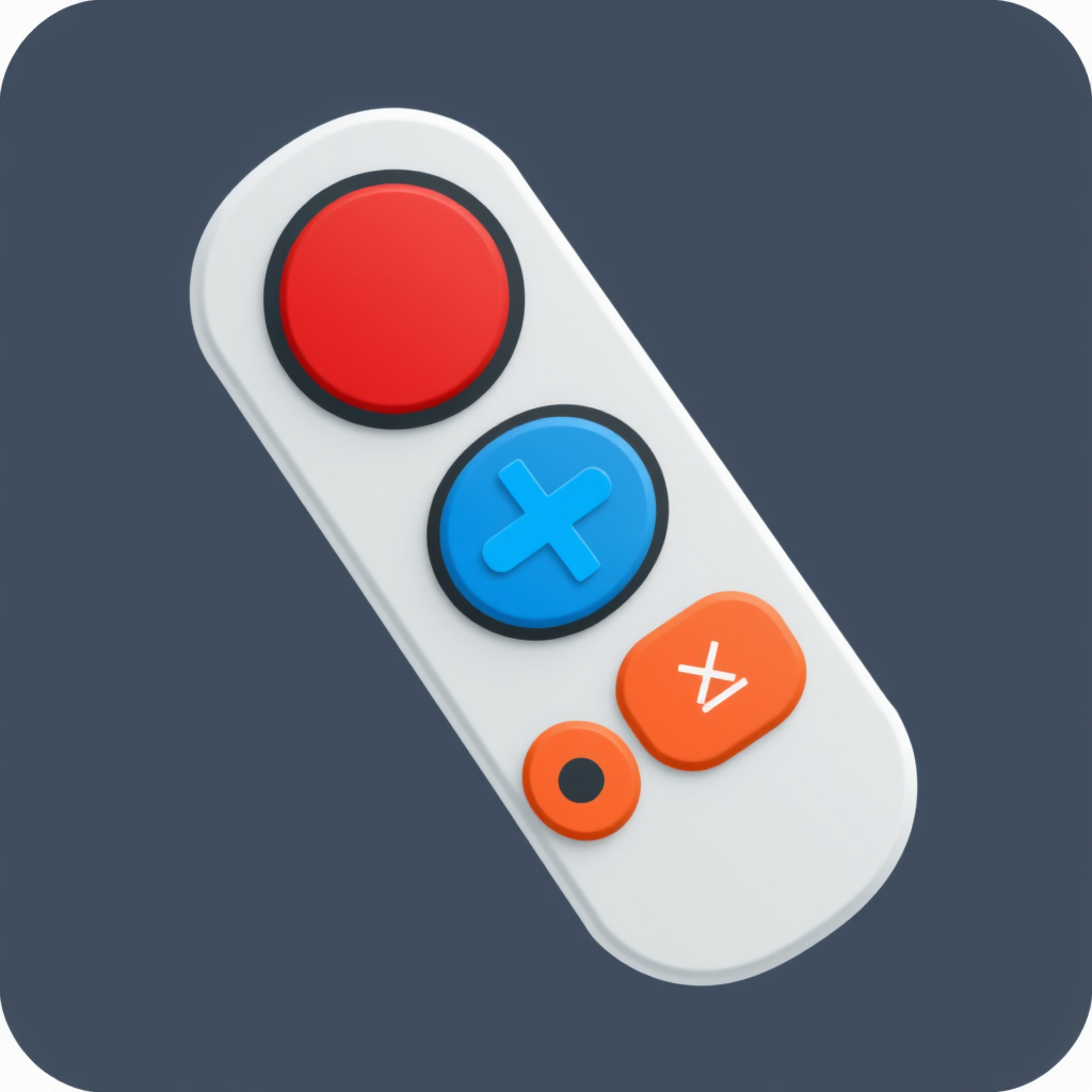 Design a remote with oversized buttons, each a distinct color, representing core functions. The power button could be a large red circle, volume a blue plus/minus, and channels green arrows. Minimalist design.