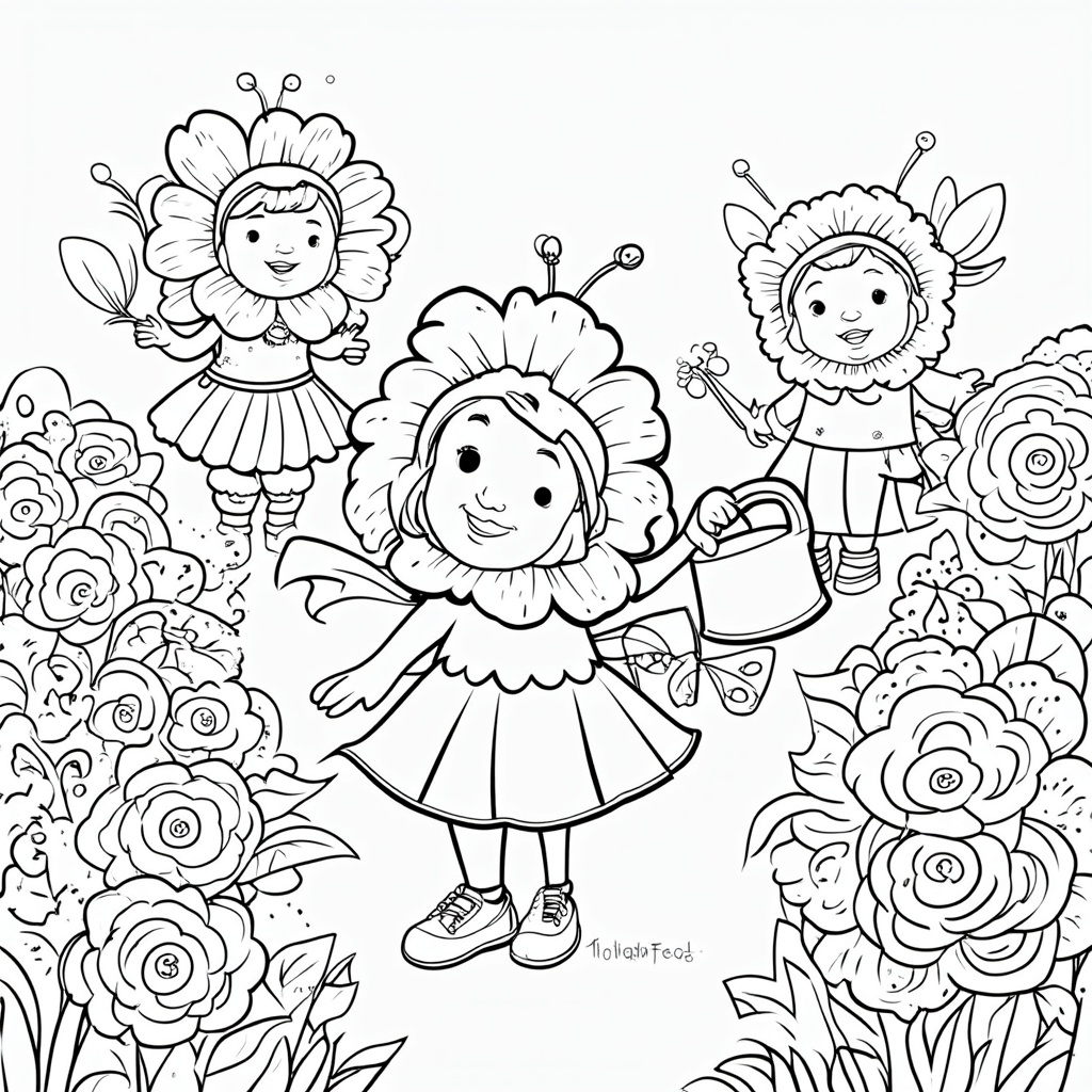 A 'Little Gardeners' theme page: children dressed as flowers, bees, or butterflies, carrying watering cans or garden tools, with oversized rose bushes and friendly garden critter illustrations as part of the scene.