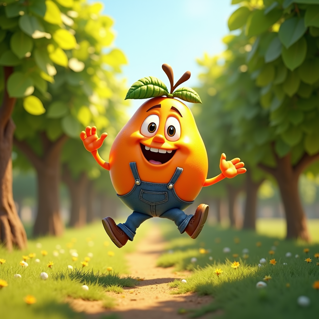 The image is a 3D rendering of a cartoon character in an orchard. The character is an orange with a big smile on its face and two green leaves on its head. It is wearing blue overalls and brown shoes. It has arms and legs, and is jumping in the air with its arms stretched out to the sides. The background is filled with trees with green leaves and yellow flowers. The ground is covered in grass and there is a dirt path leading away from the character. The sky is blue and the overall mood of the image is cheerful and playful.