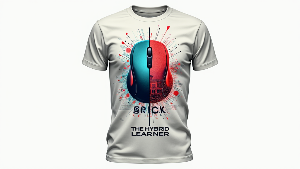 A design featuring a split graphic: one side shows a computer mouse and digital elements (like pixels or code snippets) for 'Click,' and the other side shows a classic red brick or a stylized school building for 'Brick.' The tagline 'The Hybrid Learner' can be placed below this central graphic.