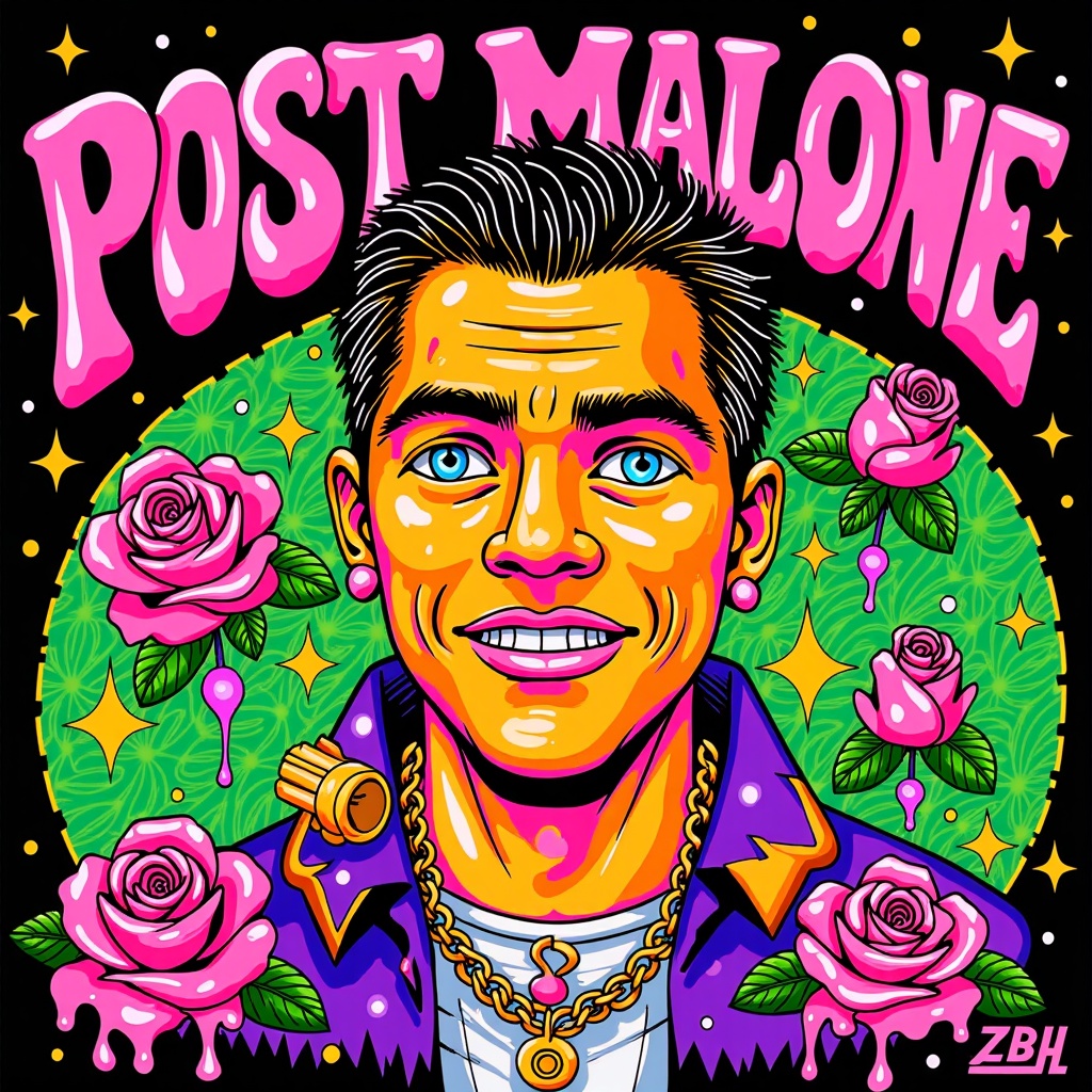 Psychedelic 70s Rock: Utilize swirling typography, vibrant and clashing color palettes (e.g., orange, deep purple, acid green), and a distorted, illustrative portrait of Post Malone integrated with symbolic elements like melting roses or abstract sound waves.